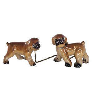 Vintage Ceramic Boxer Puppy Pug Dog Figurines With Gold Chain Leashed